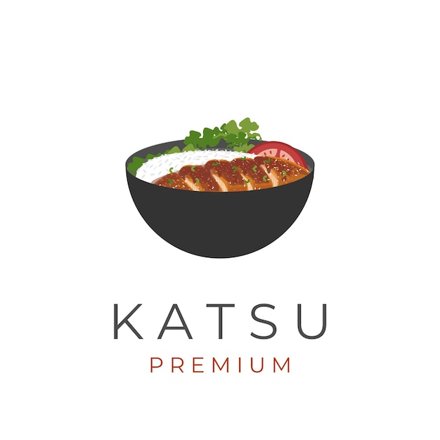 Arroz Katsu en un tazón negro con logotipo de ilustración vectorial vegetal