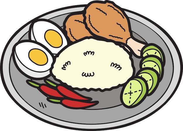 Arroz con pollo frito dibujado a mano o ilustración de comida tailandesa