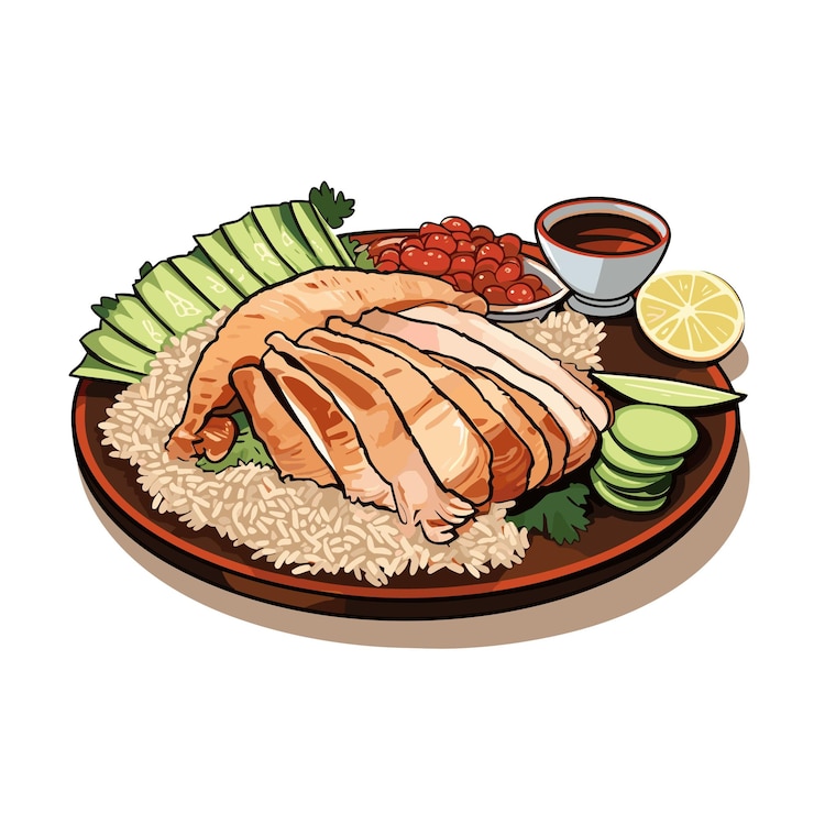 Vector arroz con pollo hainanés comida de singapur ilustrador vectorial de dibujos animados