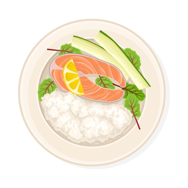 Arroz con salmón y rebanada de limón servido en el plato Ilustración vectorial vista desde arriba