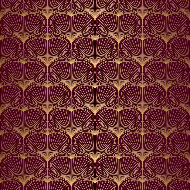 Art Deco Patrón de corazones Oro sin costuras y fondo rojo Ornamento metálico del Día de San Valentín Elemento de diseño de bodas Líneas vectoriales Motivos de los años 19201930 Ilustración vintage de lujo