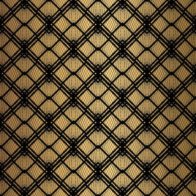 Art Deco patrón sin costuras de fondo negro y dorado conchas metálicas o escamas ornamento de encaje diseño geométrico minimalista líneas vectoriales motivos de los años 20 30 ilustración vintage de lujo