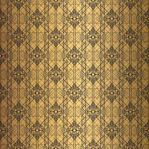 Art Deco patrón sin costuras de fondo negro y dorado conchas metálicas o escamas ornamento de encaje diseño geométrico minimalista líneas vectoriales motivos de los años 20 30 ilustración vintage de lujo