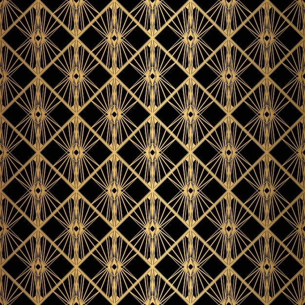 Art Deco patrón sin costuras de fondo negro y dorado conchas metálicas o escamas ornamento de encaje diseño geométrico minimalista líneas vectoriales motivos de los años 20 30 ilustración vintage de lujo