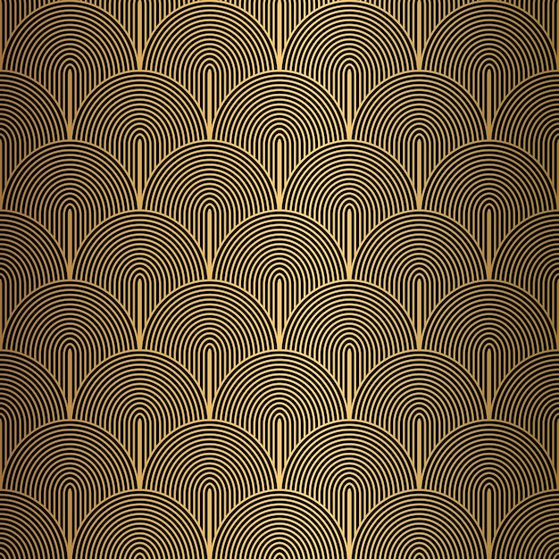Art Deco patrón sin costuras de fondo negro y dorado conchas metálicas o escamas ornamento de encaje diseño geométrico minimalista líneas vectoriales motivos de los años 20 30 ilustración vintage de lujo
