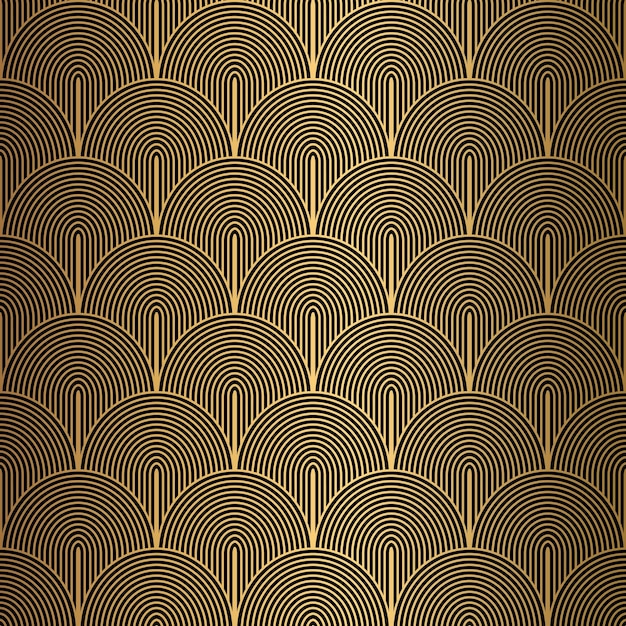 Vector art deco patrón sin costuras de fondo negro y dorado conchas metálicas o escamas ornamento de encaje diseño geométrico minimalista líneas vectoriales motivos de los años 20 30 ilustración vintage de lujo