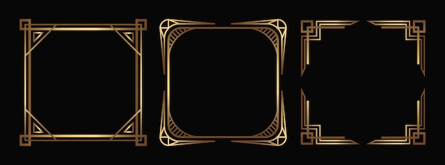Art Deco vector cuadrado Plantillas de redes sociales Marcos dorados elegantes lineales aislados en negro