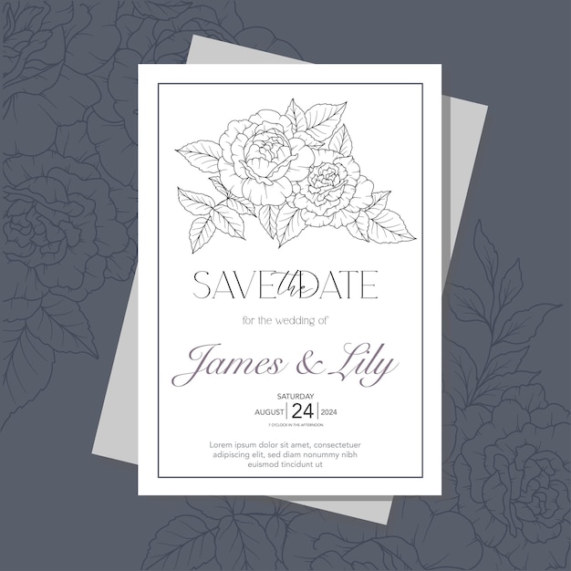 Vector art line roses plantilla de invitación de boda contorno de flores de rosa papelería minimalista para bodas