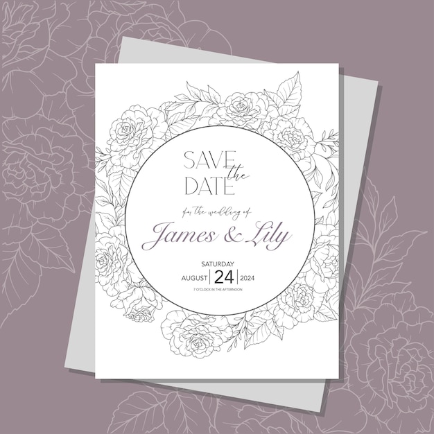 Vector art line roses plantilla de invitación de boda contorno de flores de rosa papelería minimalista para bodas