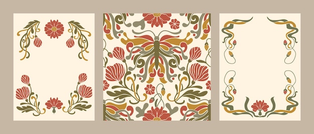 Art Nouveau Mariposa Ornamento vintage vectorial Barroco Marco floral Patrón sin costuras Motivo Boho Bohemia Antigüedad Tarjeta étnica