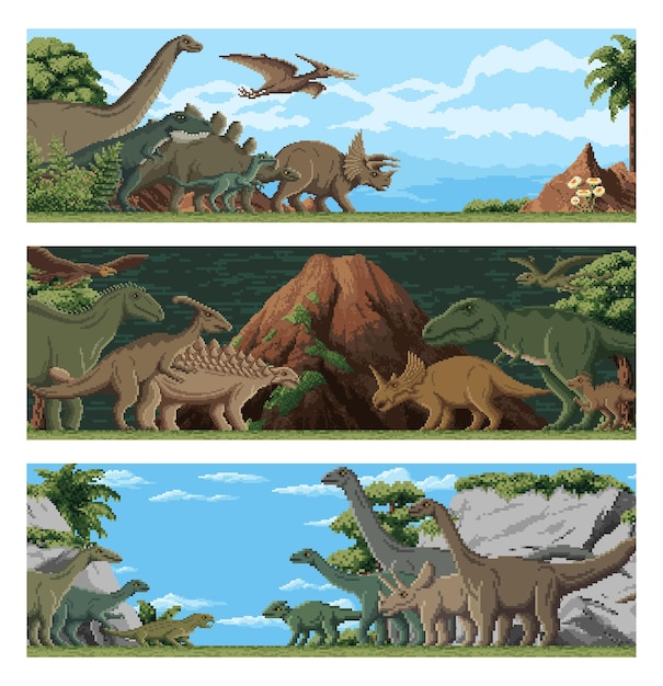 Arte de 8 bits dinosaurios paisaje del parque de dinosaurios