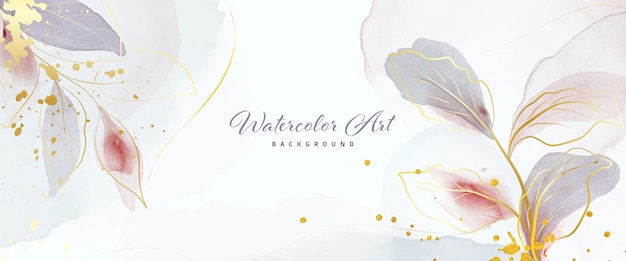 Arte abstracto acuarela hojas de oro suave y salpicaduras de oro para el fondo de la bandera de la naturaleza. Diseño de arte en acuarela adecuado para su uso como encabezado, web, decoración de paredes. cepillo incluido en el archivo.