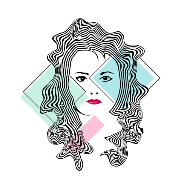 Arte abstracto de la cara de la mujer y cabello de línea ondulada en colores minimalistas Ilustración vectorial