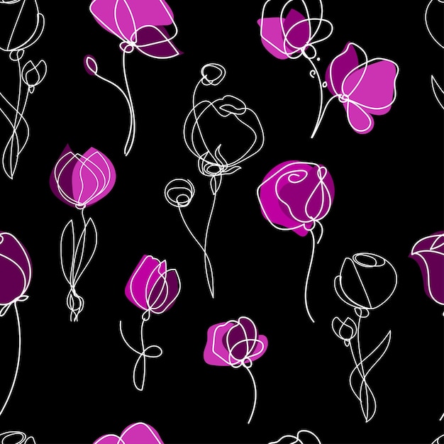 Arte abstracto flores de patrones sin fisurasflores de arte lineal sobre fondo negrodiseño vectorial