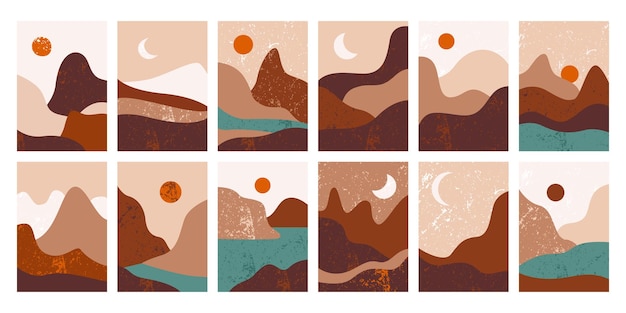 Arte abstracto de montaña natural paisaje fondos estéticos establecidos con diseño de textura grunge