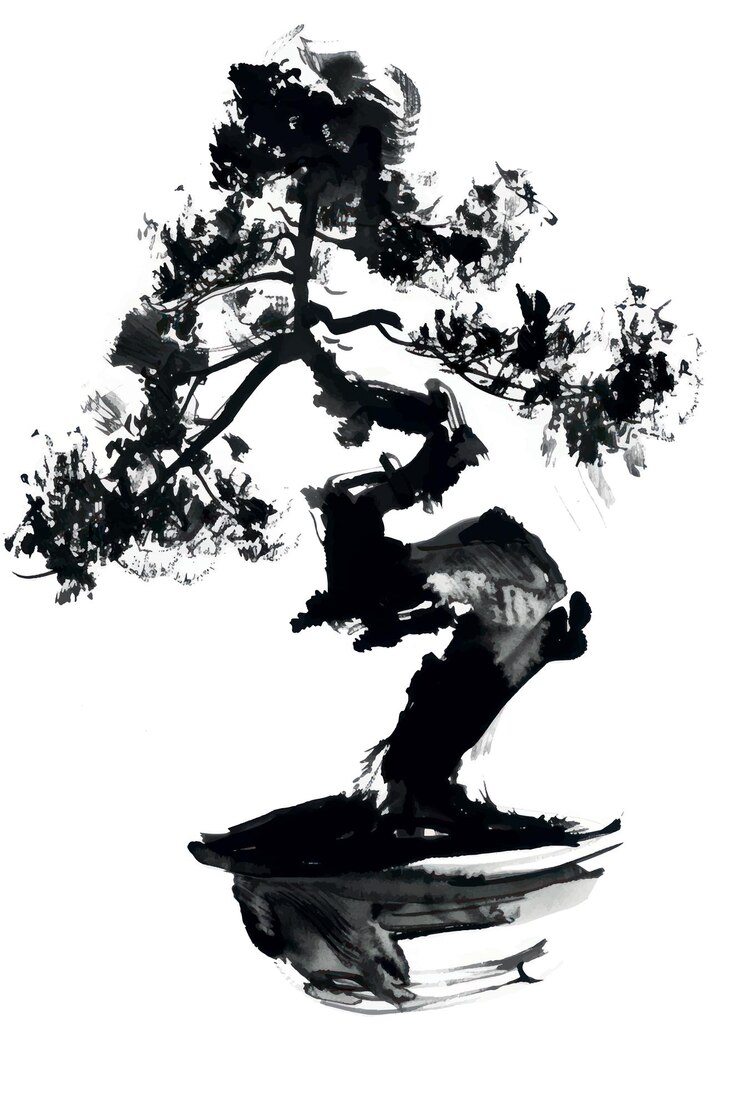 Vector arte de árboles de bonsai pintados con tinta