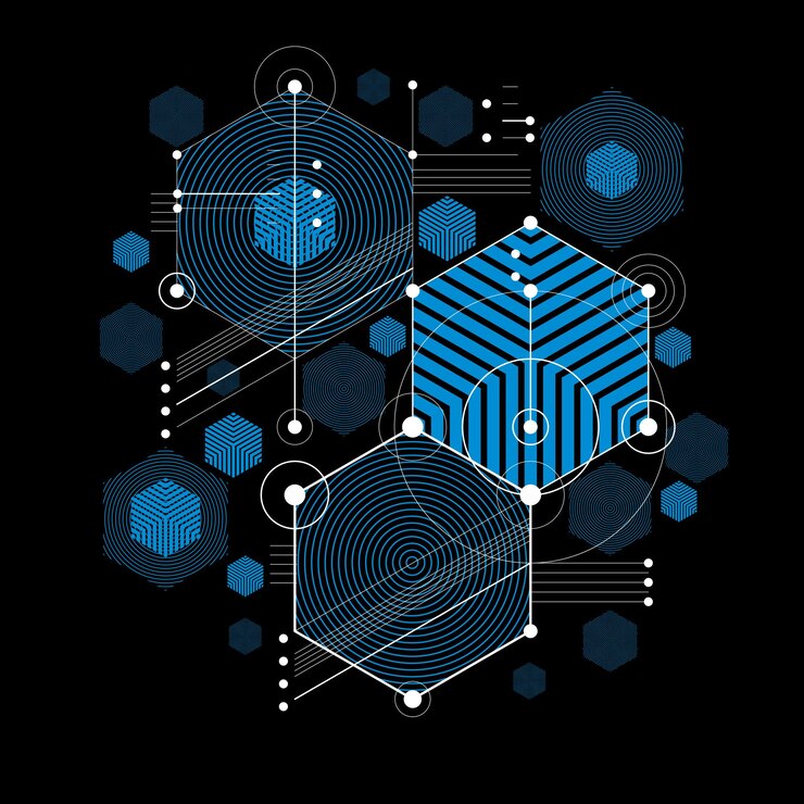 Vector arte bauhaus, papel tapiz azul vectorial modular decorativo hecho con hexágonos y círculos. patrón de estilo retro, telón de fondo gráfico para usar como plantilla de portada de folleto. ilustración del sistema de ingeniería.