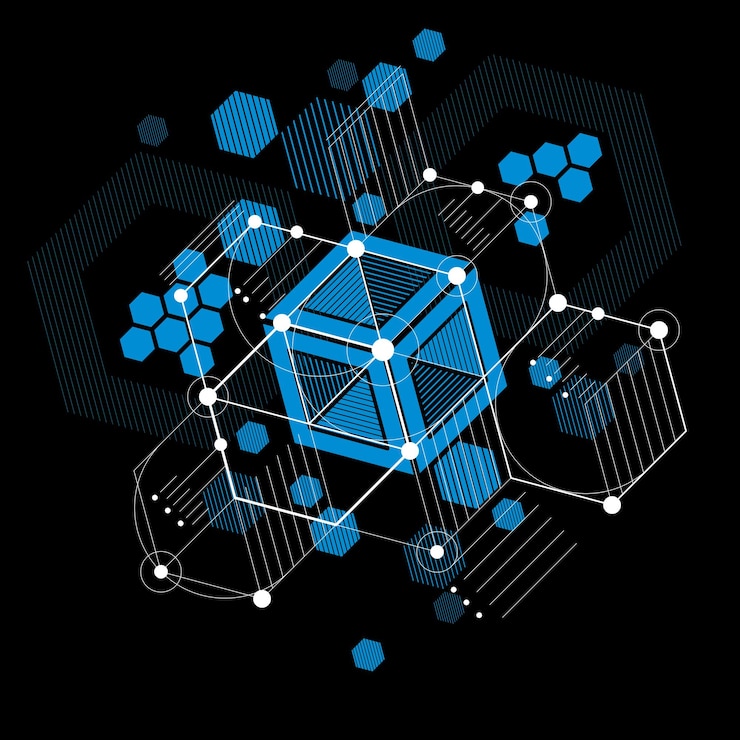 Vector arte bauhaus, papel tapiz azul vectorial modular decorativo hecho con hexágonos y círculos. patrón de estilo retro, telón de fondo gráfico para usar como plantilla de portada de folleto. ilustración del sistema de ingeniería.