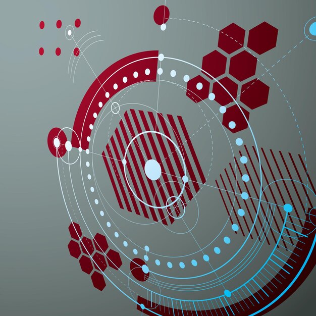 Arte Bauhaus, papel tapiz vectorial modular en perspectiva hecho con círculos y líneas. Patrón rojo de estilo retro, telón de fondo gráfico para usar como plantilla de portada de folleto. Ilustración del sistema de ingeniería.