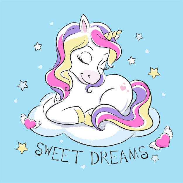 Arte. Bebé unicornio soñando en una nube. Dulces sueños. Impresión de ilustración de moda en estilo moderno para ropa o telas.