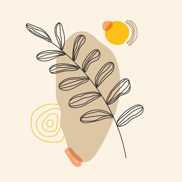 Arte bohemio moderno vectorial. Hoja lineal dibujada a mano sobre fondo abstracto.