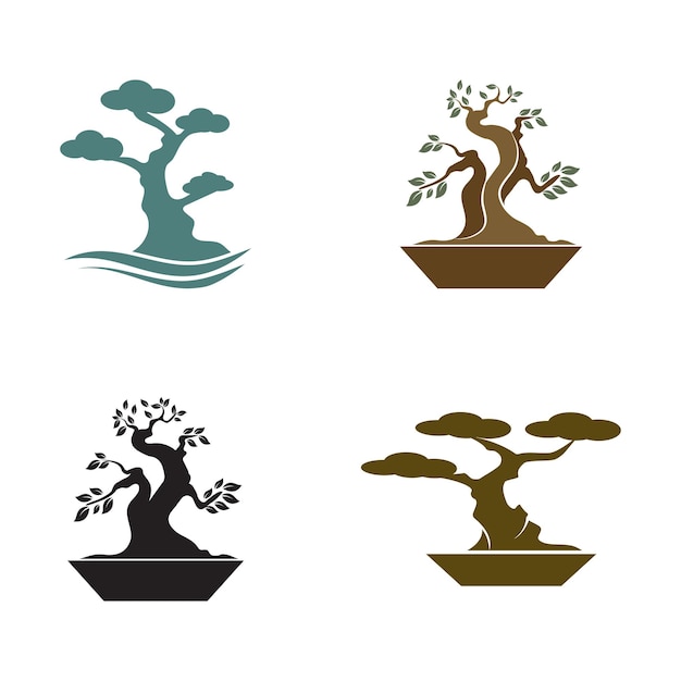 Arte de bonsái oriental Mini árbol de planta pequeño japonés en vector de diseño de logotipo de silueta de maceta