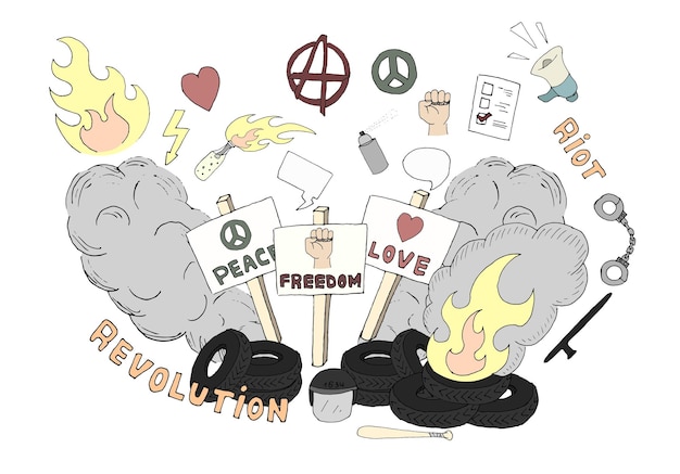 Arte del bosquejo del doodle. símbolos de protesta: llamas, corazón, anarquía, paz, puño, voto, altavoz, humo, pancartas, llantas, grilletes, bastón, bate de béisbol, casco de policía, libertad, revolución, motín. desaturados
