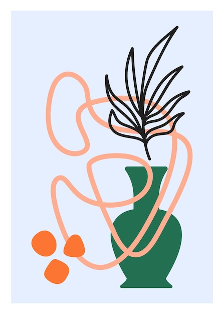 Arte botánico abstracto moderno vector colorido dibujo de línea de follaje con arte de pared de forma abstracta