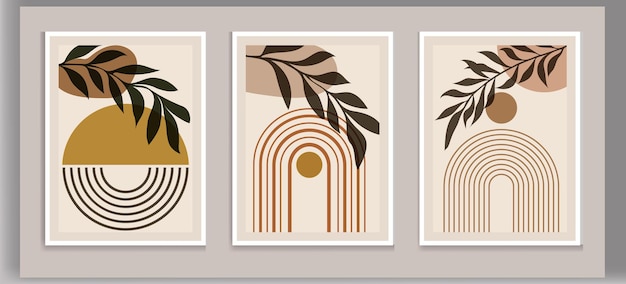 Arte botánico de pared boho arte de línea de follaje con vector de forma abstracta del arco iris