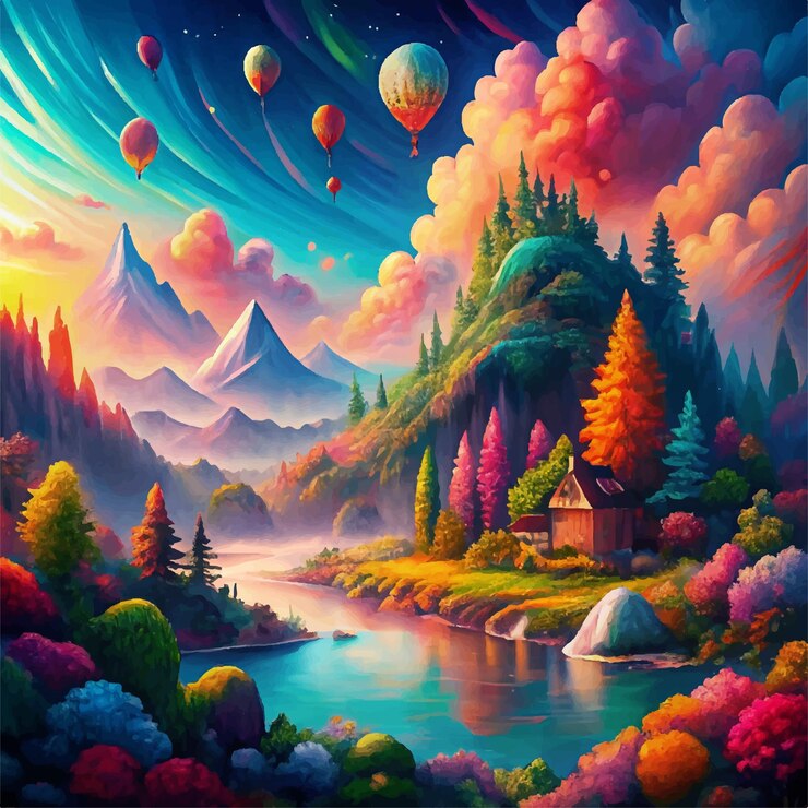 Vector arte de una cabaña y montañas con un río y montañas en el fondo