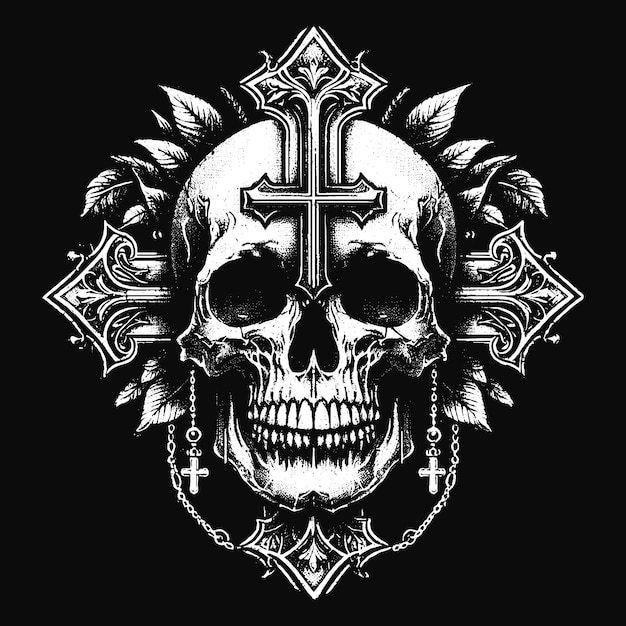 Vector arte cabeza de calavera oscura con signo de cruz tatuaje de hueso grunge ilustración de terror vintage en blanco y negro