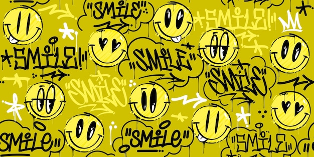 Arte de la calle abstracto de moda estilo graffiti cara sonriente feliz emojis pegatina fondo sin costuras