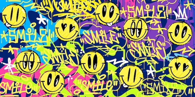 Arte de la calle abstracto moderno estilo graffiti emoji de cara sonriente feliz ilustración de fondo