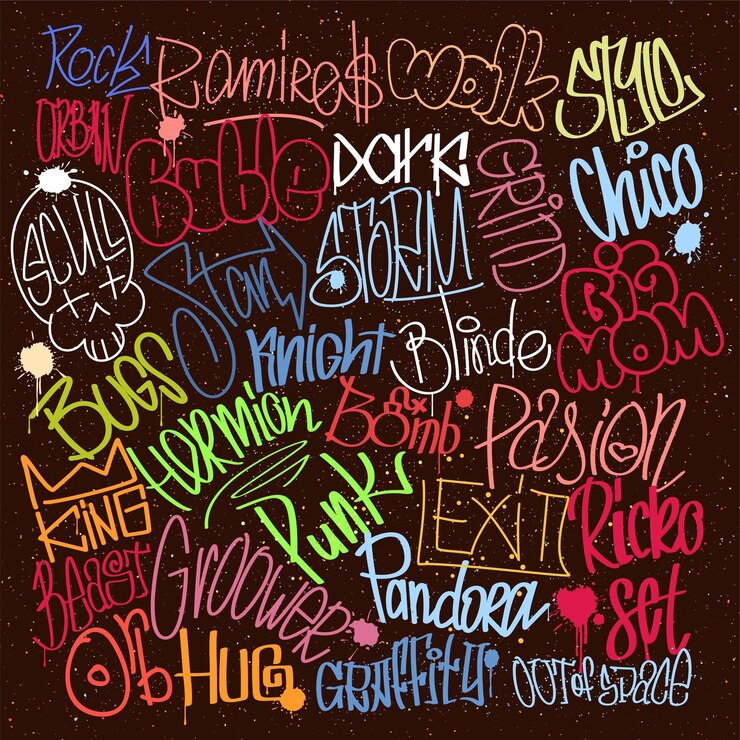 Vector arte de la calle de la pared patrón de texto impresión en aerosol de garabateo etiquetas de pincel alfabético papel de pared urbano gotas de pintura letras de graffiti estilo grunge cultura subterránea tejido de textura vectorial