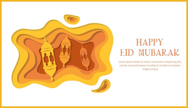 Arte de capa de papel naranja con el texto feliz eid mubarak para tarjeta idul fitri
