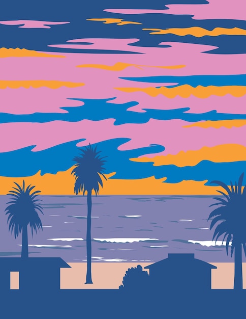Vector arte del cartel de wpa de moonlight state beach en encinitas california
