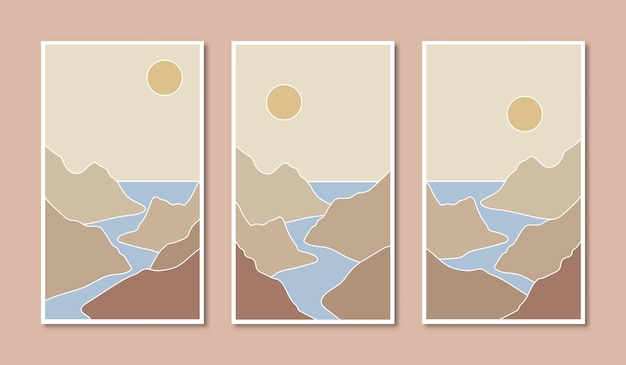 Arte de carteles abstractos con estilo boho vector horizonte montañas río y mar ilustraciones
