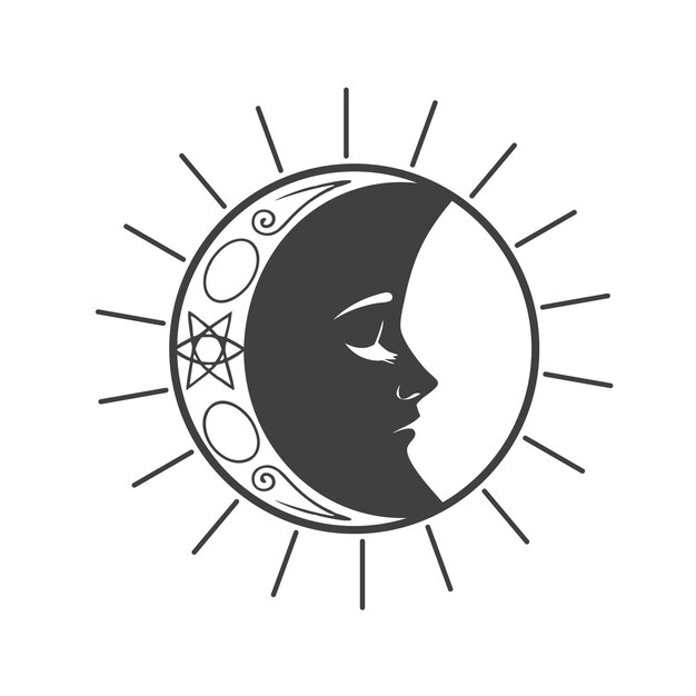 Arte celestial del sol y la luna Concepto del logotipo del sol y de la luna Ilustración en blanco y negro