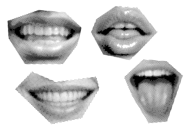 Vector arte del clip boca y labios sonrisa puntos de lengua punk y2k elementos de collage en blanco y negro