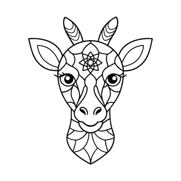 Arte de clipart vectorial mínimo de una cabeza de jirafa con patrón de mandala para niños interiores de páginas de libros para colorear