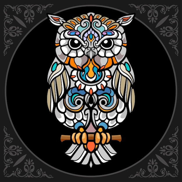 Arte colorido del mandala del pájaro del búho aislado en fondo negro