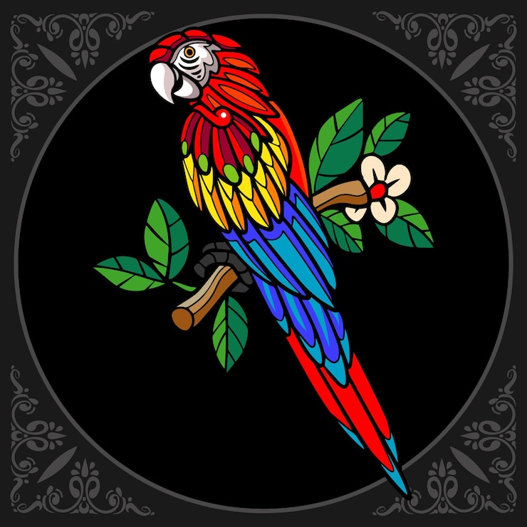 Vector arte colorido del zentangle del pájaro del guacamayo aislado en fondo negro
