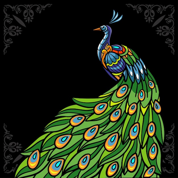 Arte colorido del zentangle del pájaro del pavo real aislado en fondo negro