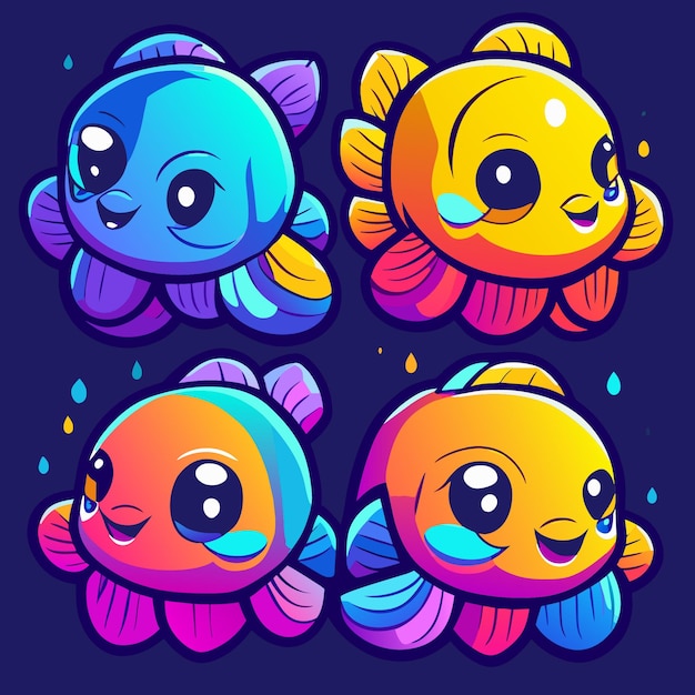 Arte conceptual vectorial de cuatro personajes de peces juguetones