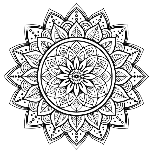Arte de contorno de Boho Mandala con formas geométricas y motivos florales de alto detalle en blanco y negro
