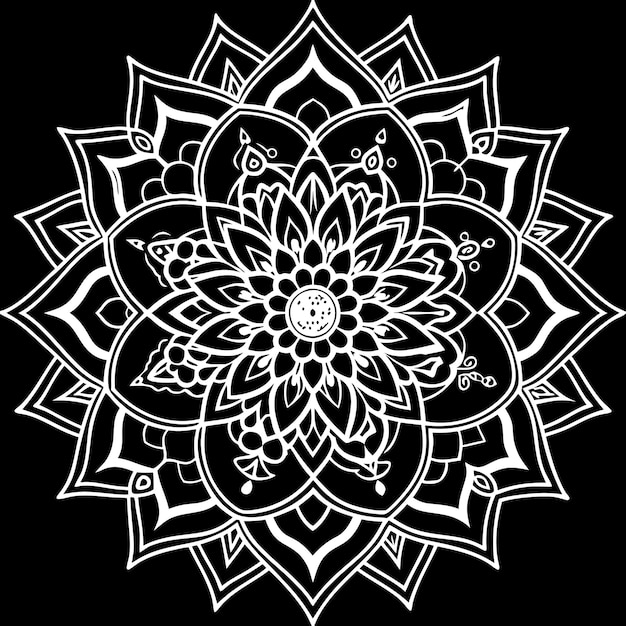 Arte de contorno de Boho Mandala con formas geométricas y motivos florales de alto detalle en blanco y negro