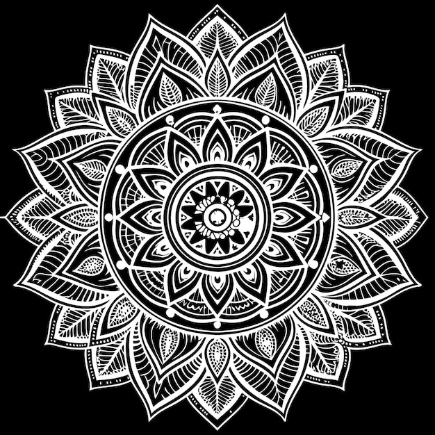 Arte de contorno de Boho Mandala con formas geométricas y motivos florales de alto detalle en blanco y negro