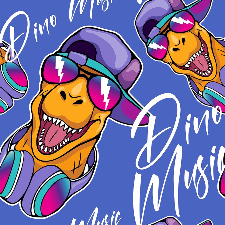 Vector arte cool lilac patrón de dinosaurio de dibujos animados diseño de camisetas de cartel para niños impresión de cierre de tela para niños ilustración vectorial impresión turquesa