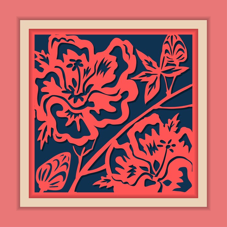 Arte de corte de papel chino enmarcado tradicional, clásico azul y rosa.