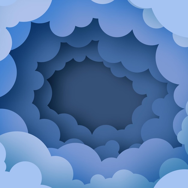 Arte de corte de papel nublado cielo nocturno nubes estilo de arte de papel cloudscape volumétrico marco redondo vector azul